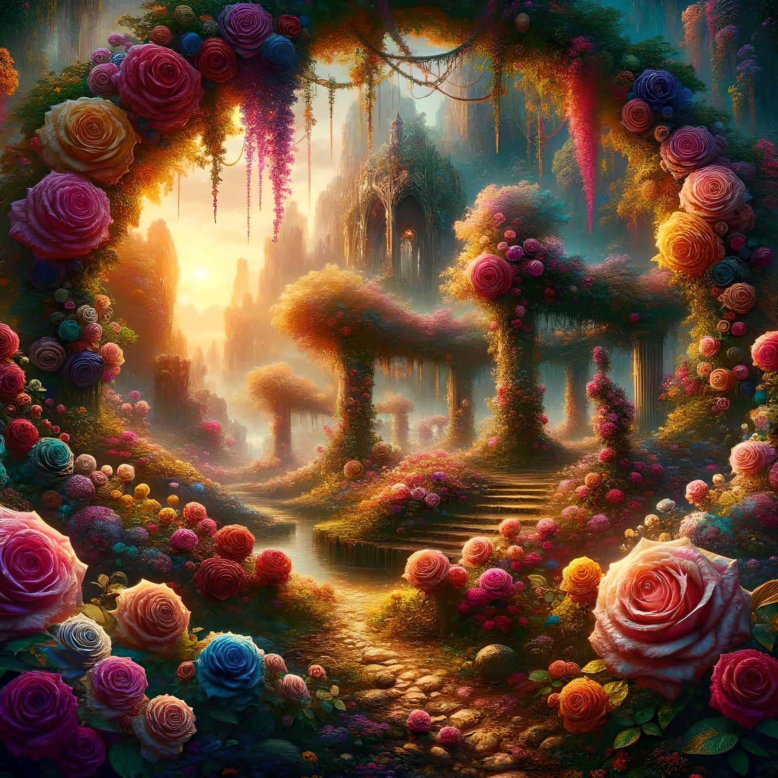 Fantastical Rose Garden in Detailed Matte Painting Style