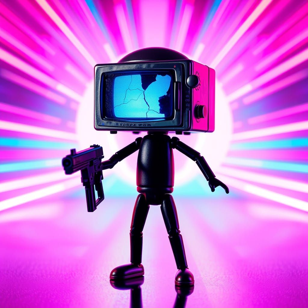 Retro-Futuristic Stick Figure in Neon-Lit Synthwave Scene