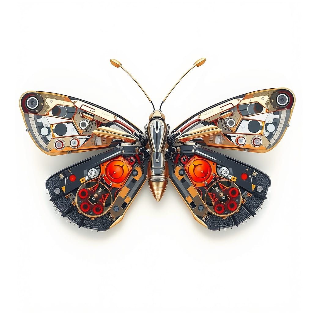 Metallic Golden Robot Butterfly in Futuristic Style