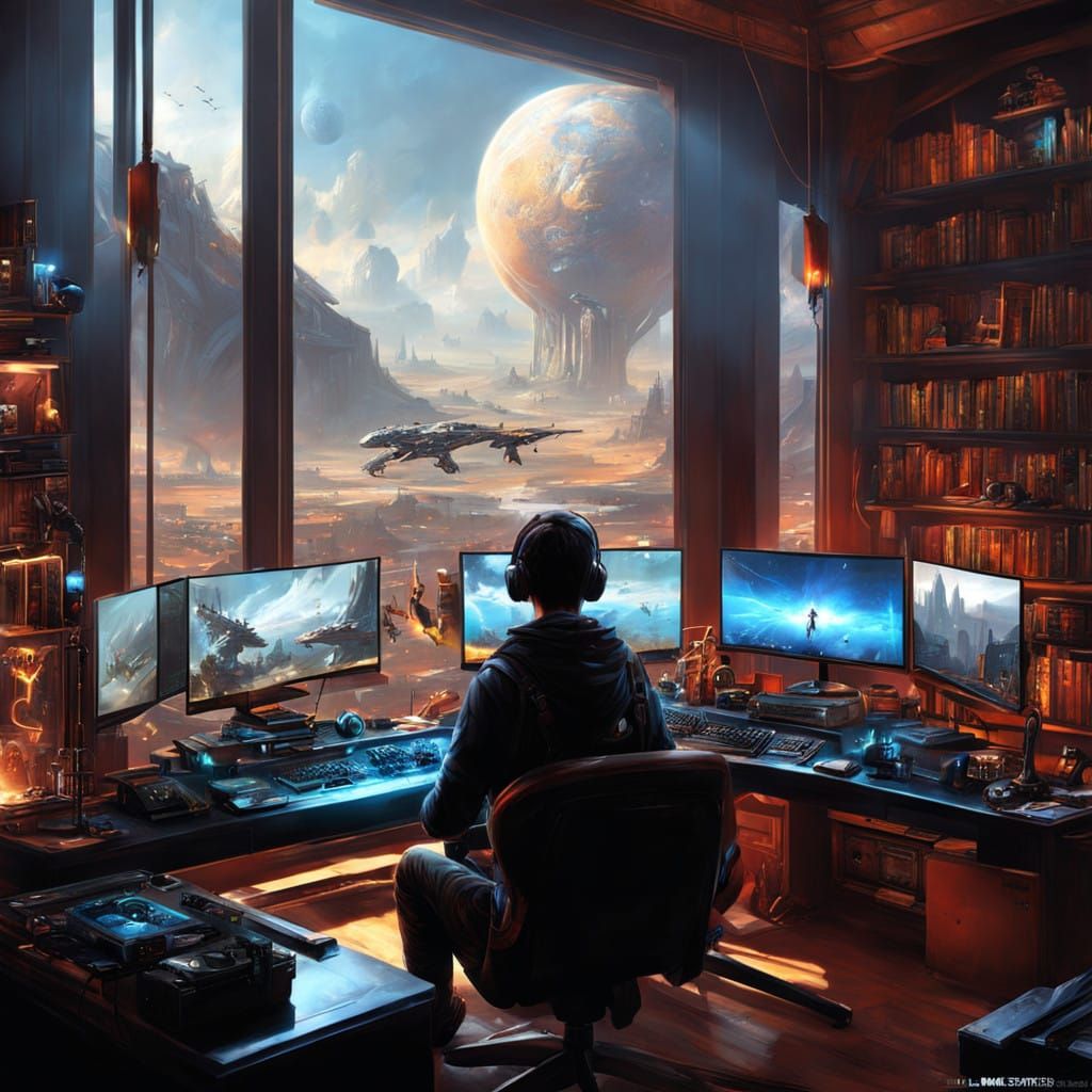 Teenage Gamer in Epic Digital Landscape