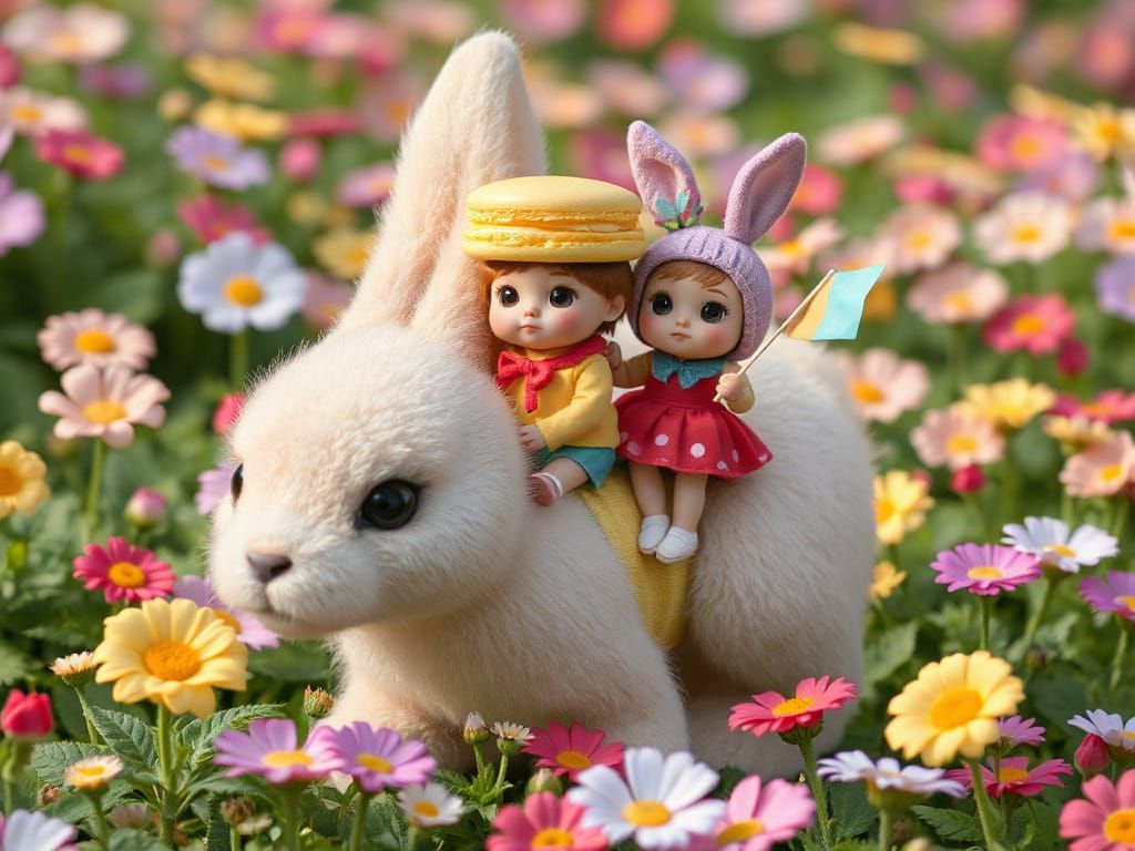 Macaroons Ride a Bunny Through Lollipop Flower Field
