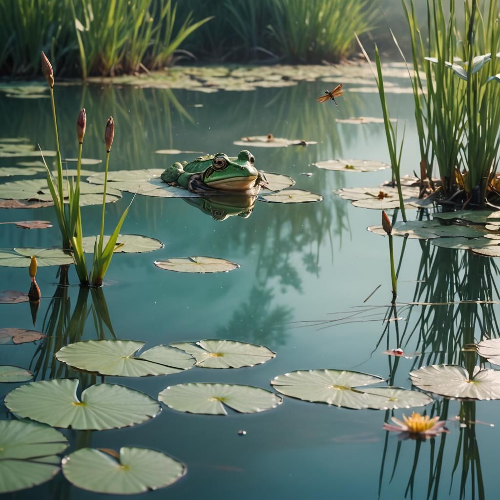Frog and Dragonfly in Dew-Kissed Pond