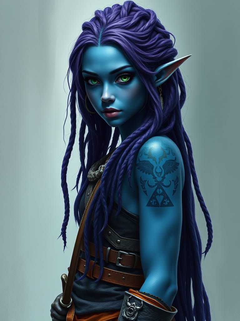 Stunning Blue-Skinned Elf Assassin in Elegant Pose
