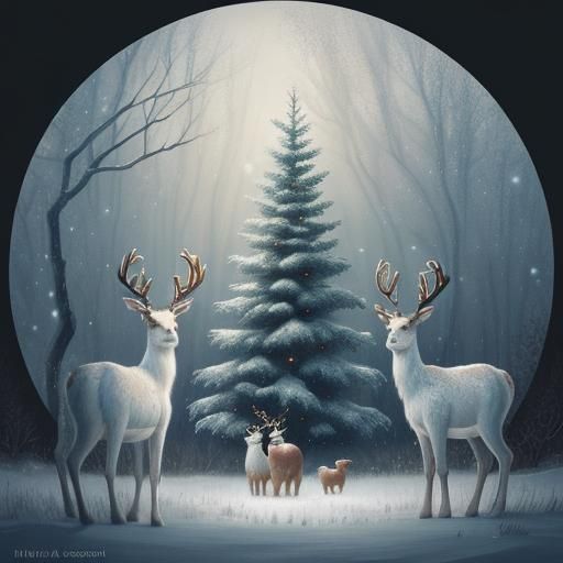 Inuit Girls and Reindeer in Digital Watercolor