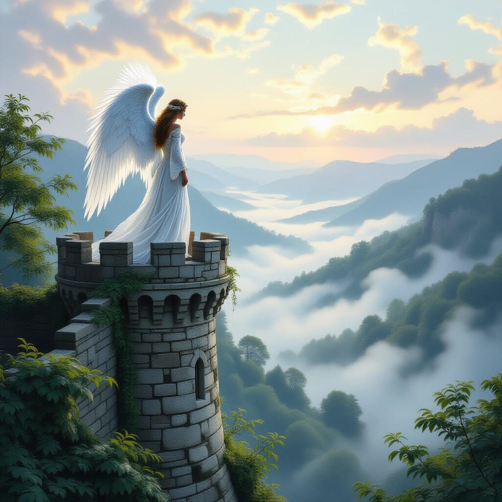 Silver Angel in Misty Valley: A Classical Oil Painting