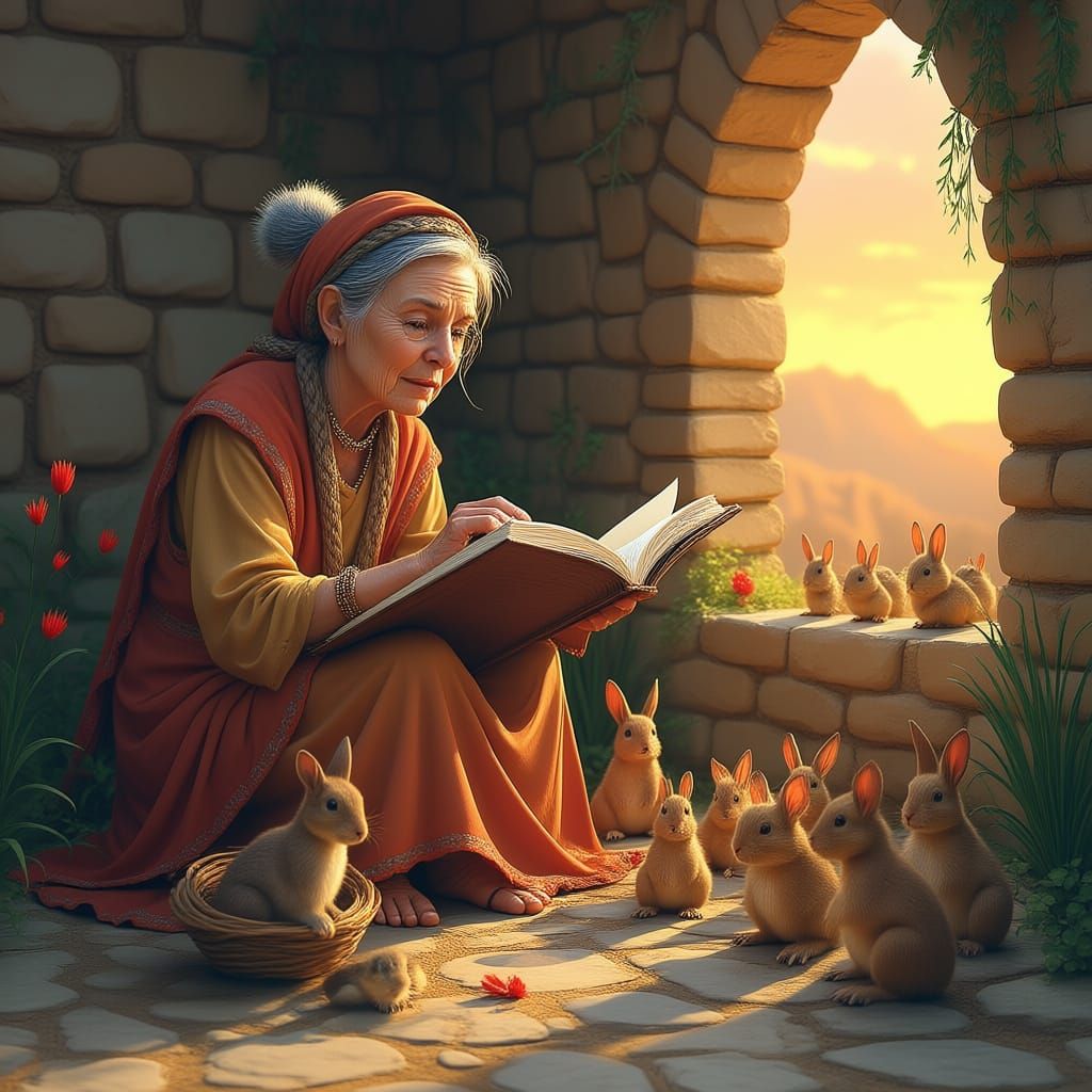 Grandmother Tells Story to Baby Animals at Sunset