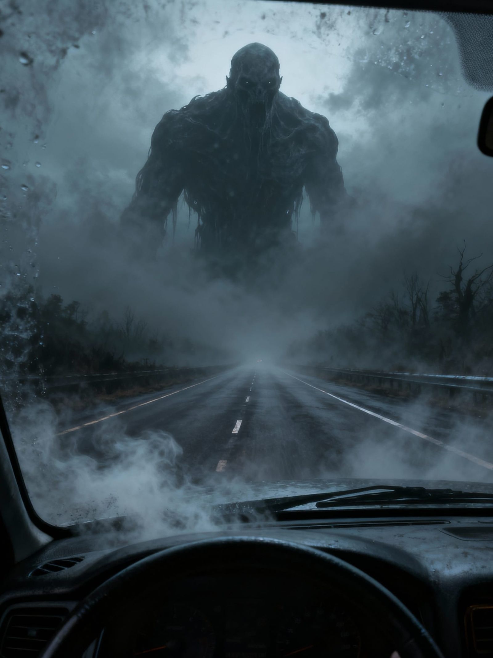 First Person View of Monster in Fog From Car