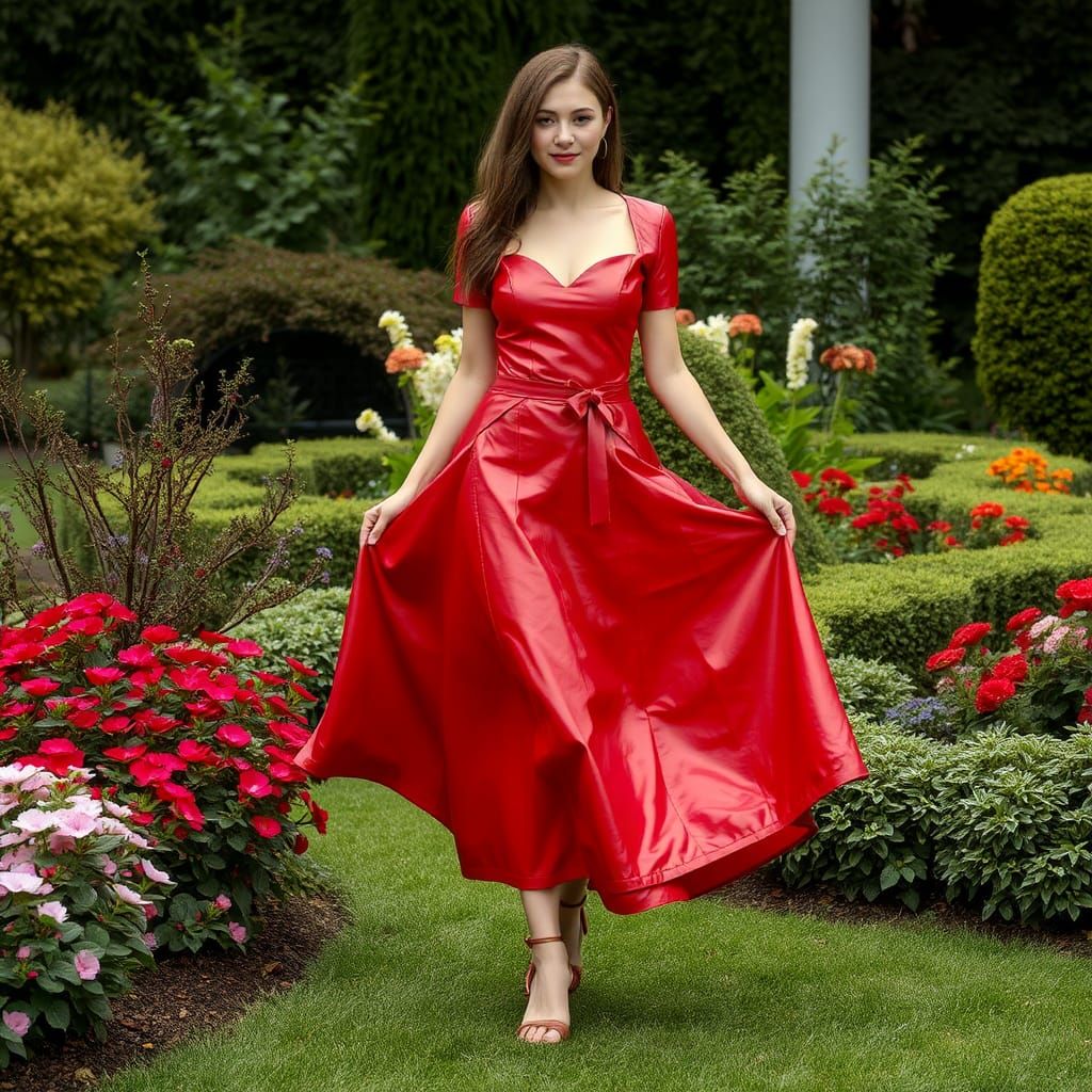 Woman in Red Leather Dress in Garden
