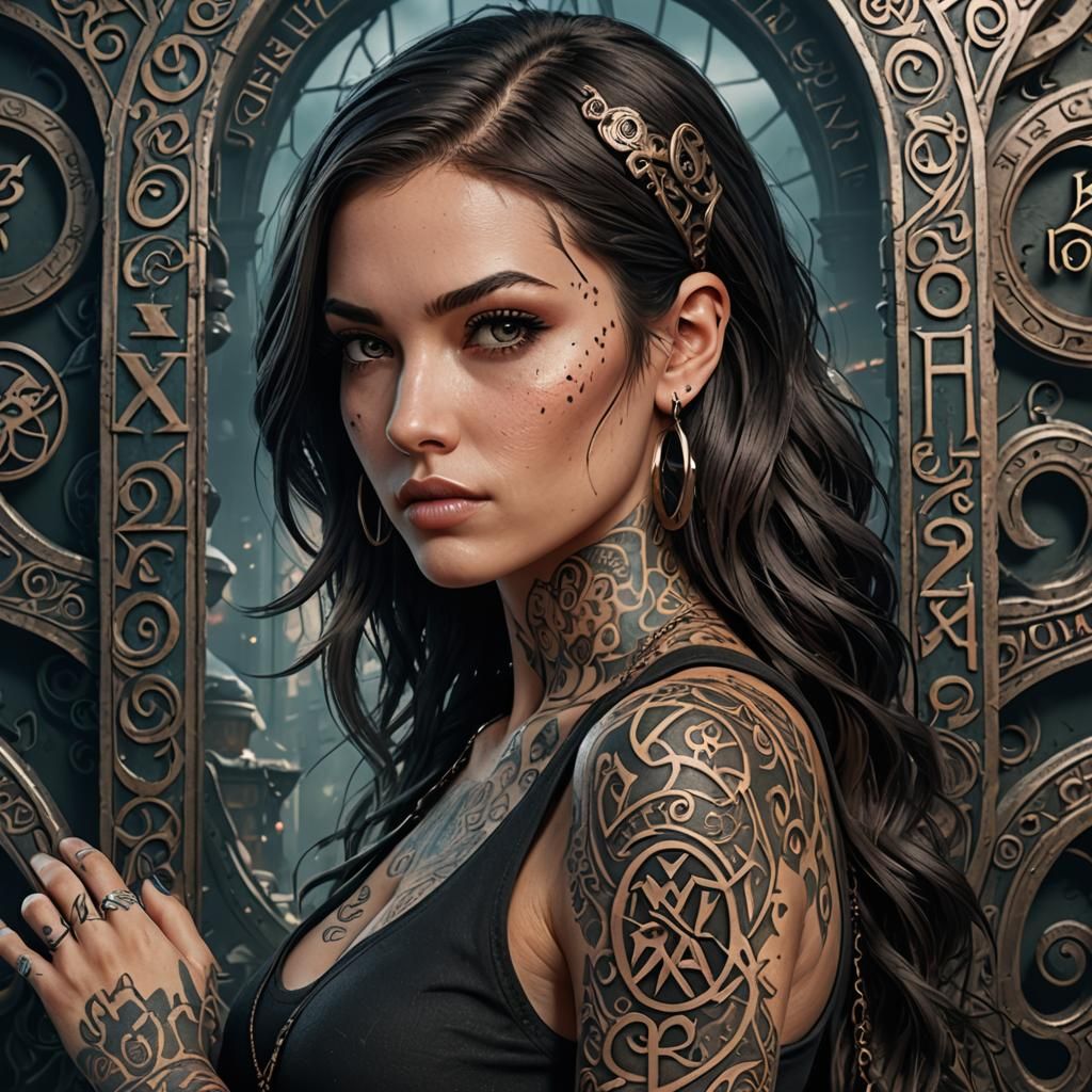 Tattooed Woman in Movie Poster Art Style