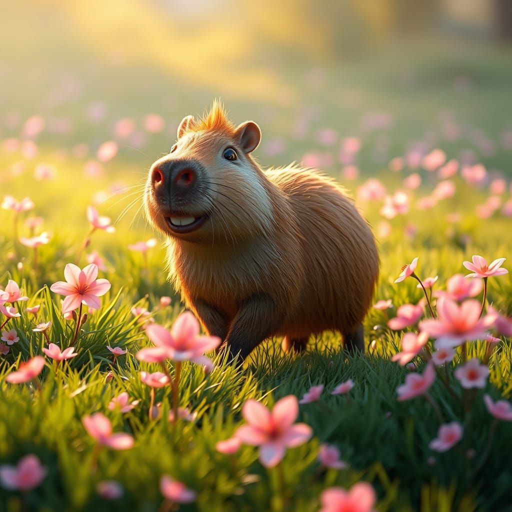 Vibrant Capybara Strolls Across Emerald Lawn