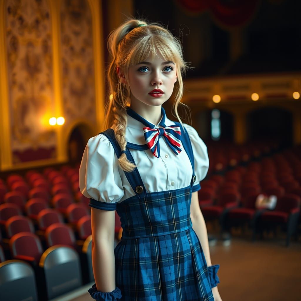 Steampunk Schoolgirl on Stage in Wes Anderson Style