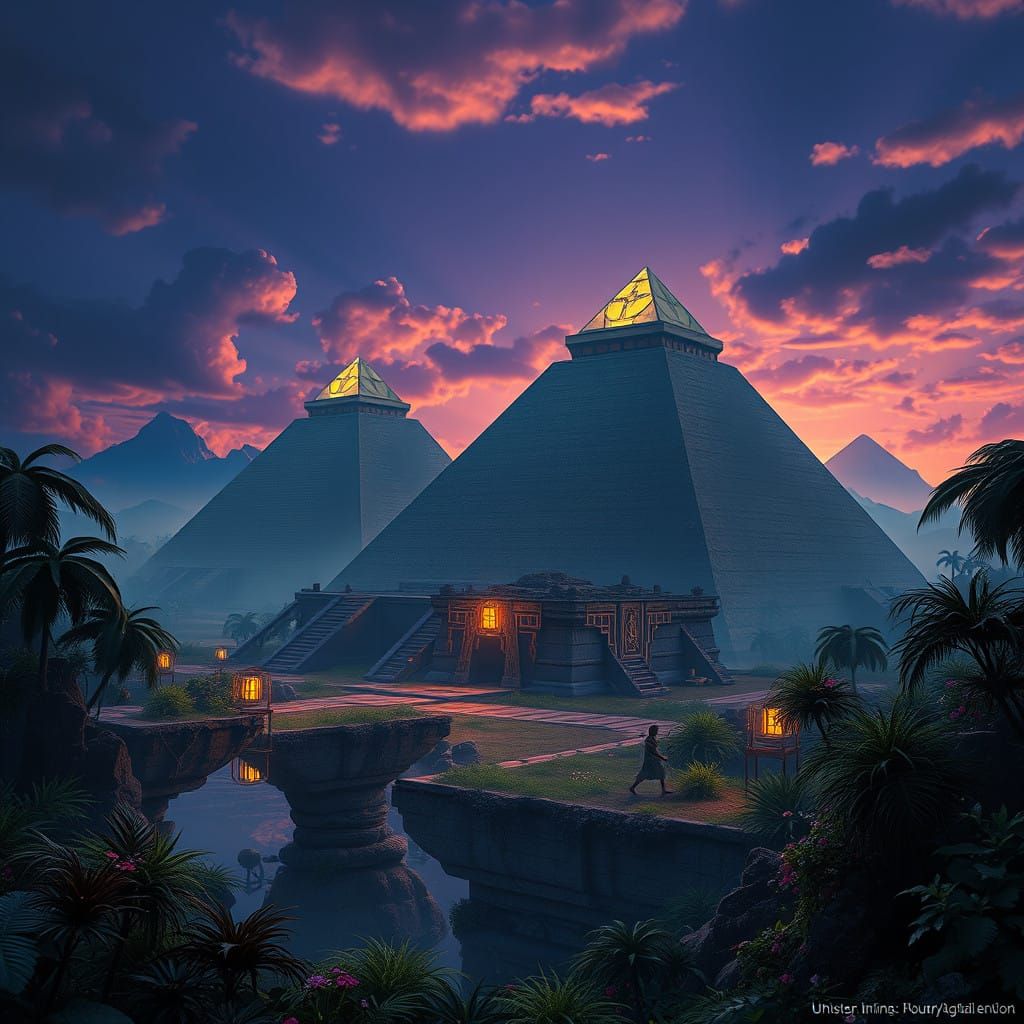 Majestic Pyramids in a Dreamlike Fantasy Landscape
