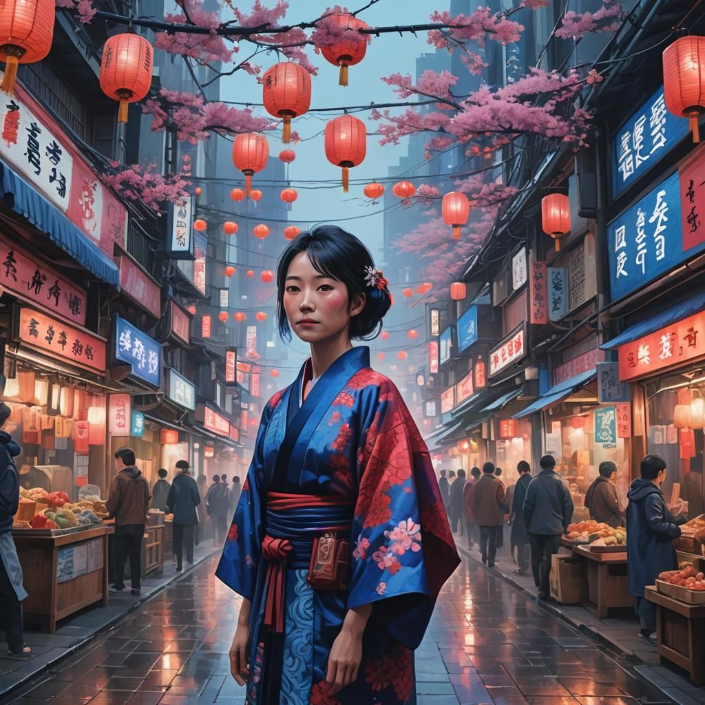 Mariko Kisho in Neon Shinjuku, Ethereal 8k Art