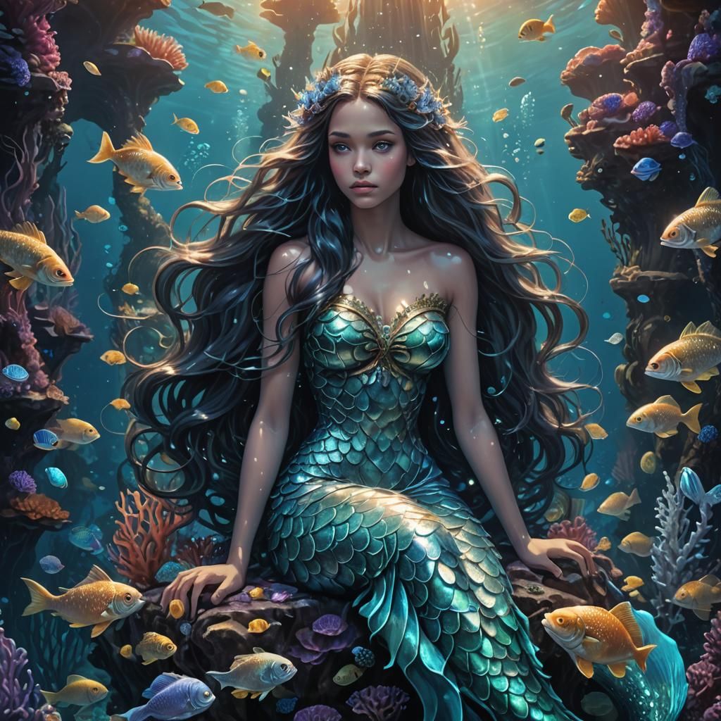 Coral Reef Mermaid in Dark Fantasy Style