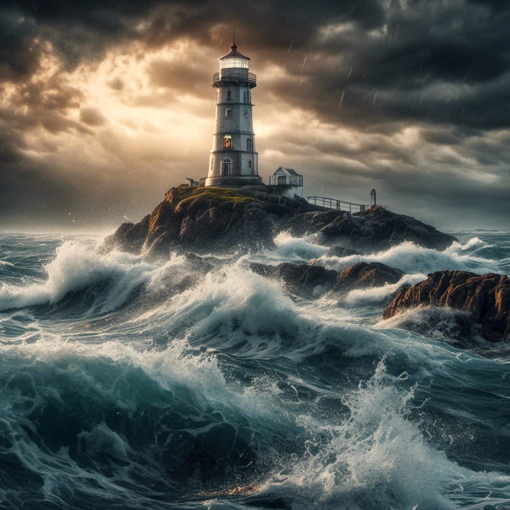 Hyperrealistic Lighthouse Shines on Sparkling Water
