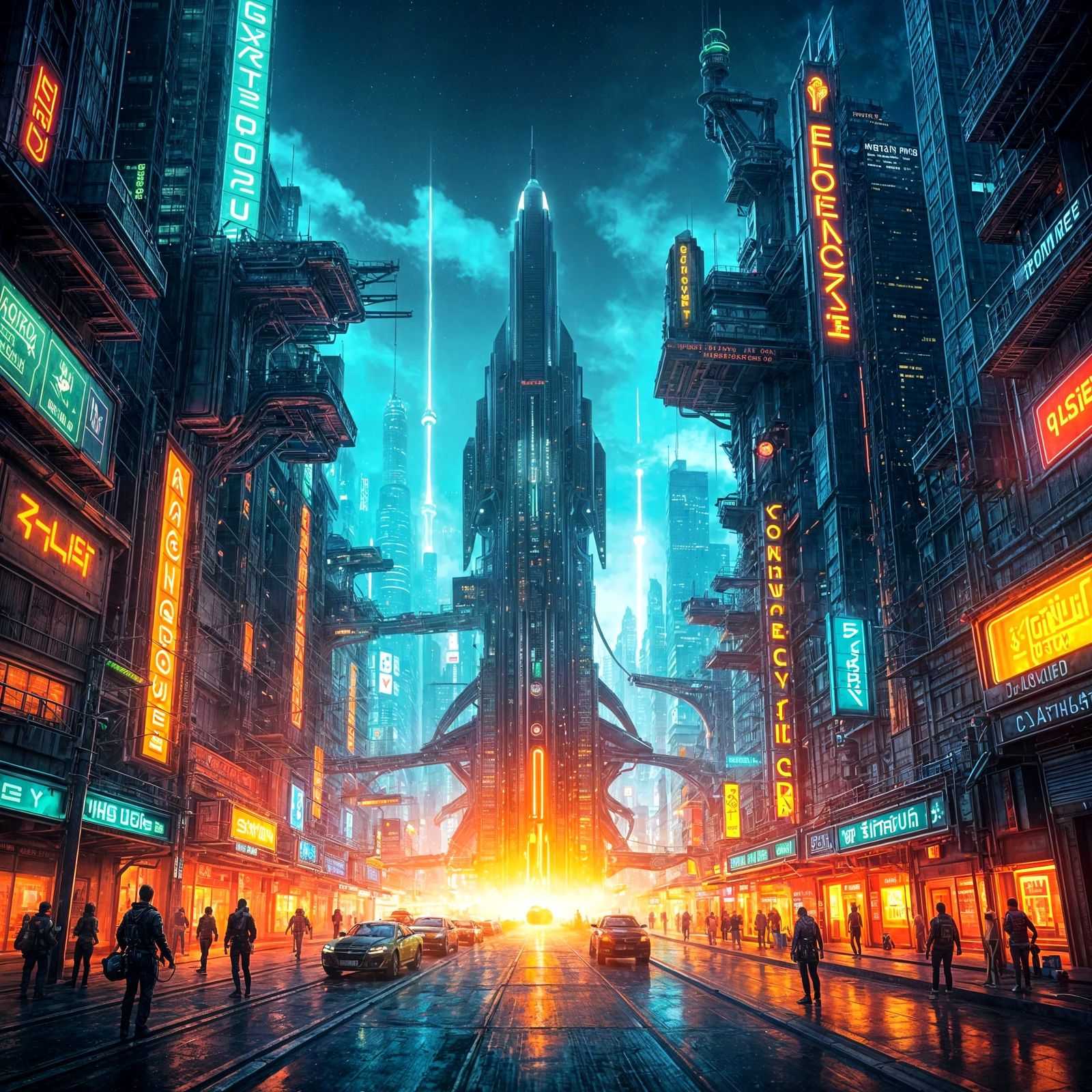 Rocket Soars Through Cyberpunk Cityscape