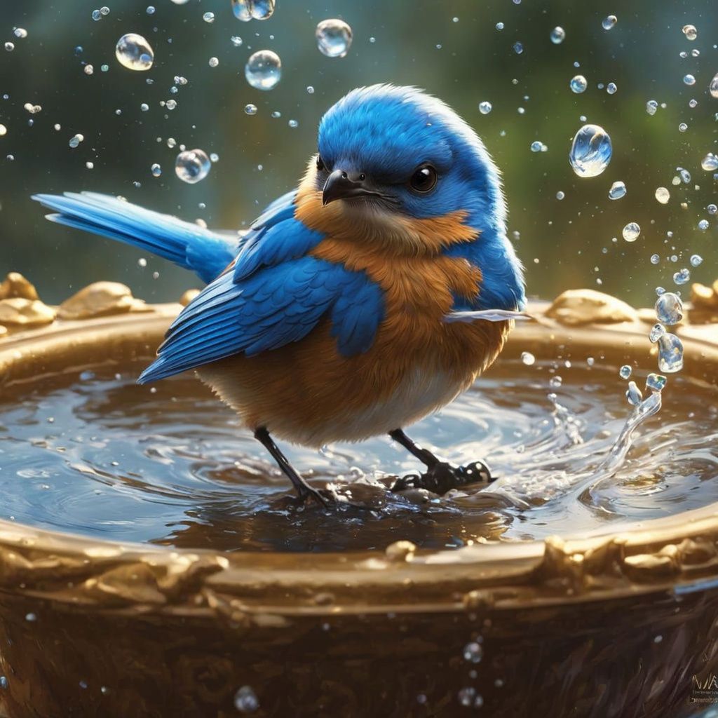 Cute Bluebird Splashing in Birdbath, Detailed Matte Painting