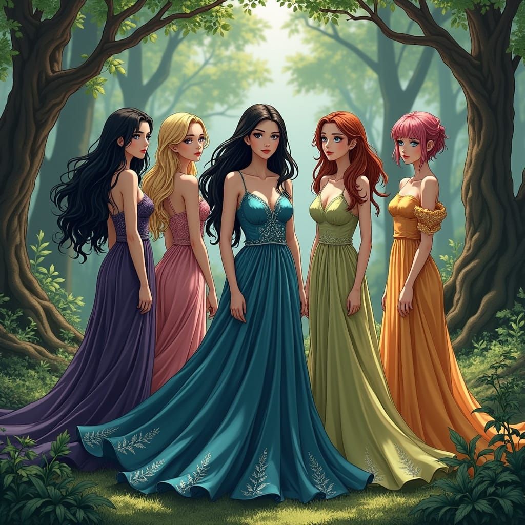 Elegant Women in a Lush Forest Landscape