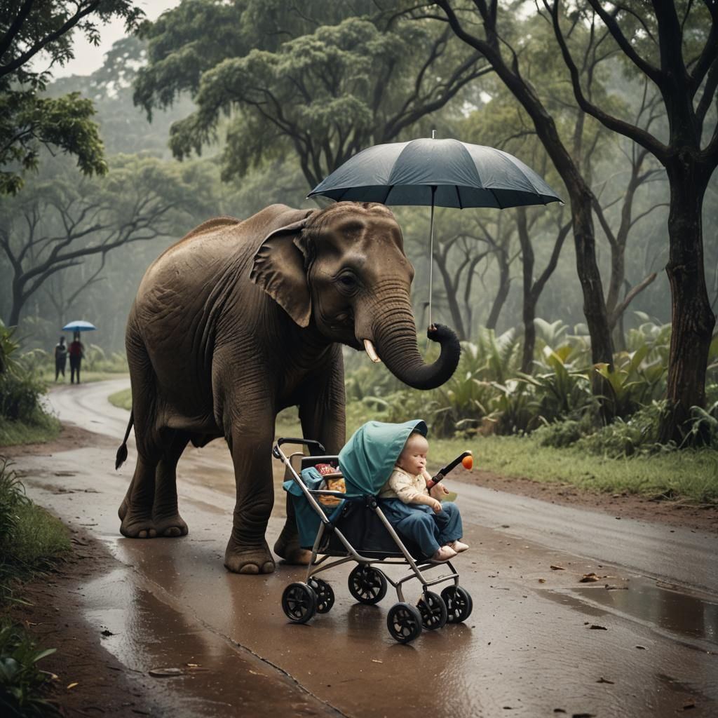Elephant Pushing Stroller in Cinematic Style