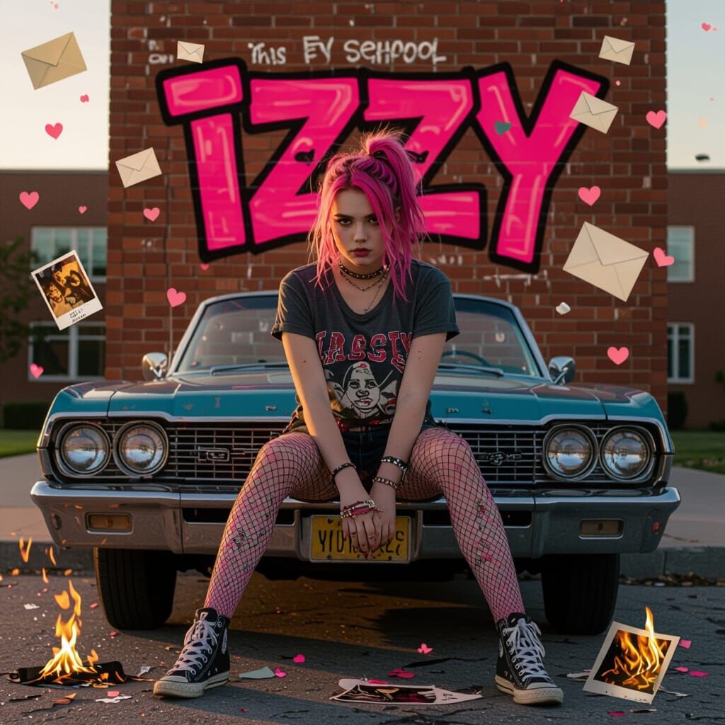 Rebellious Teen on Car in Pop Surrealist Style