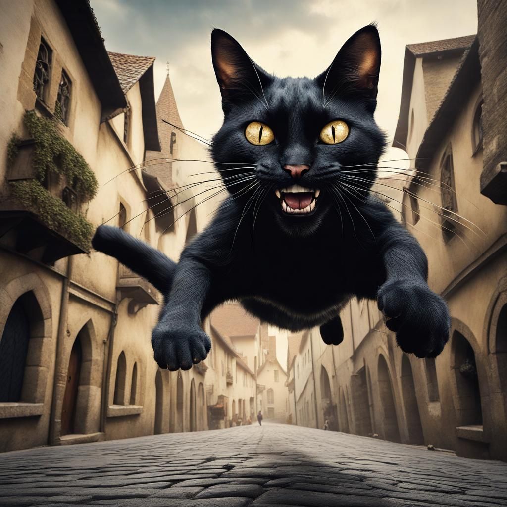 Majestic Giant Cat Chasing Mice in Medieval City