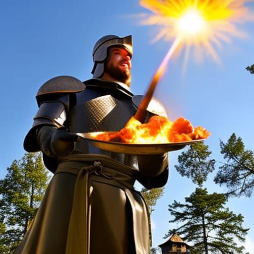 Medieval soldier frying chicken