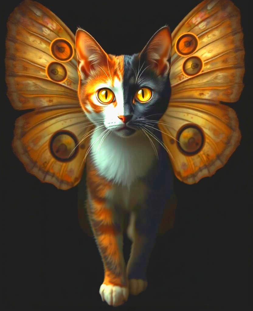 Celestial Feline: Eclipse Cat with Moth Wings