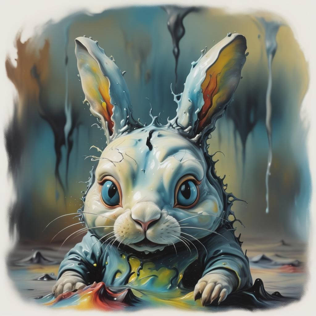 Surreal Hairless Bunny in Melting Oil on Canvas