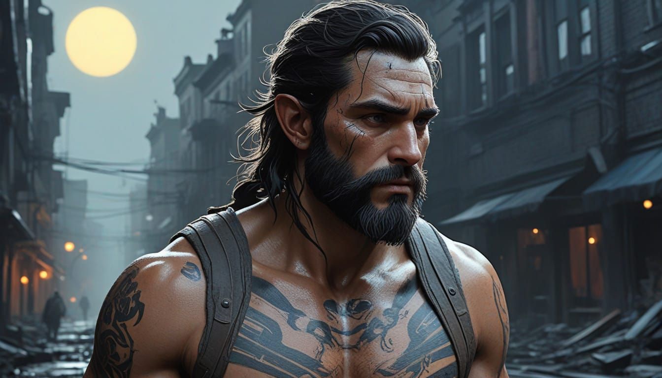 Gritty Portrait of a Rugged Male Elf in Post-Apocalyptic Lan...