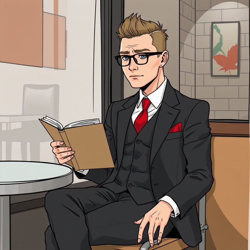 Hipster in Black Suit Reading in Cafe