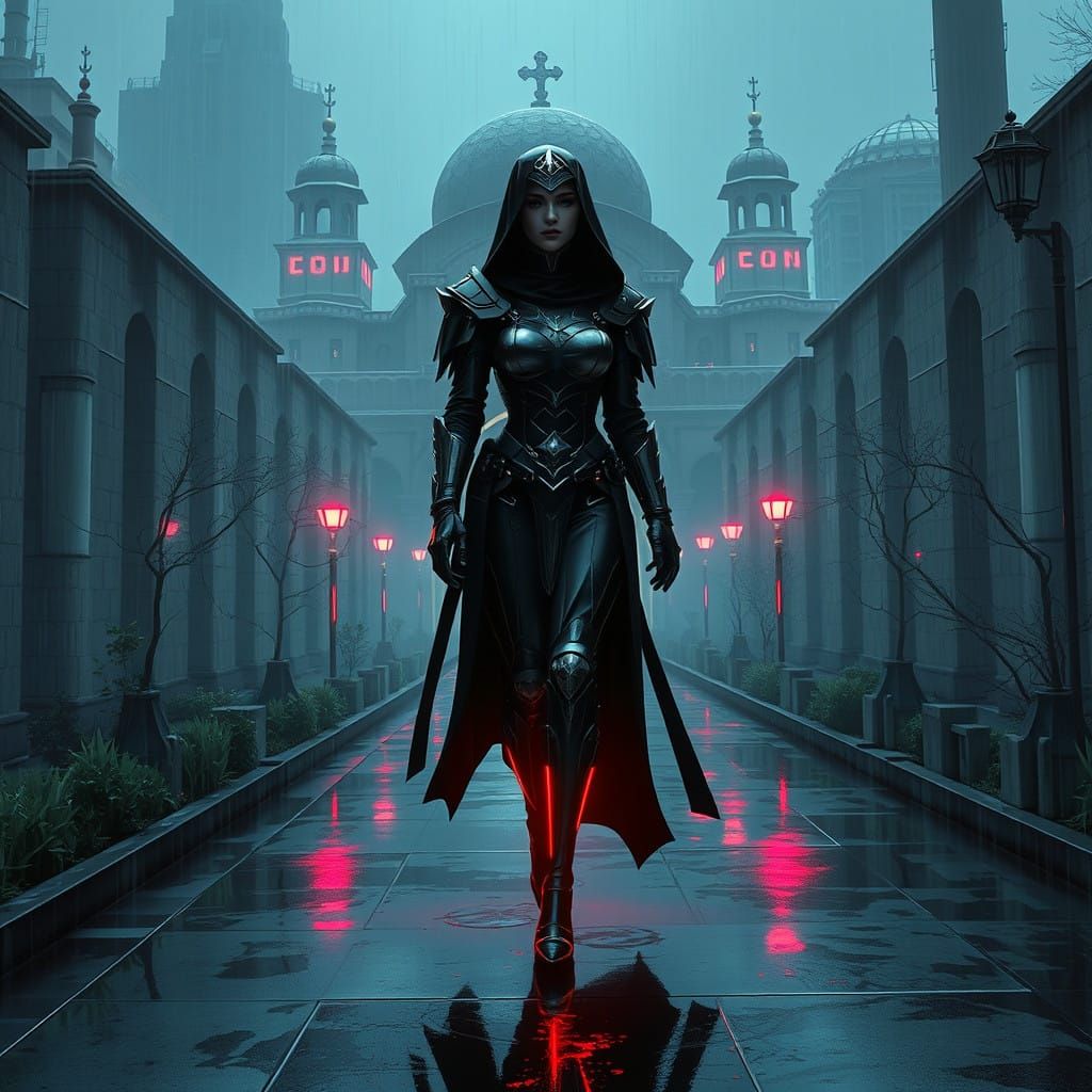 Cyberpunk Sith Priestess in Neo-Islamic Gardens