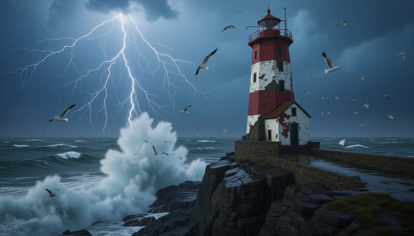 Stormy Seaside Lighthouse Scene With Dramatic Lighting