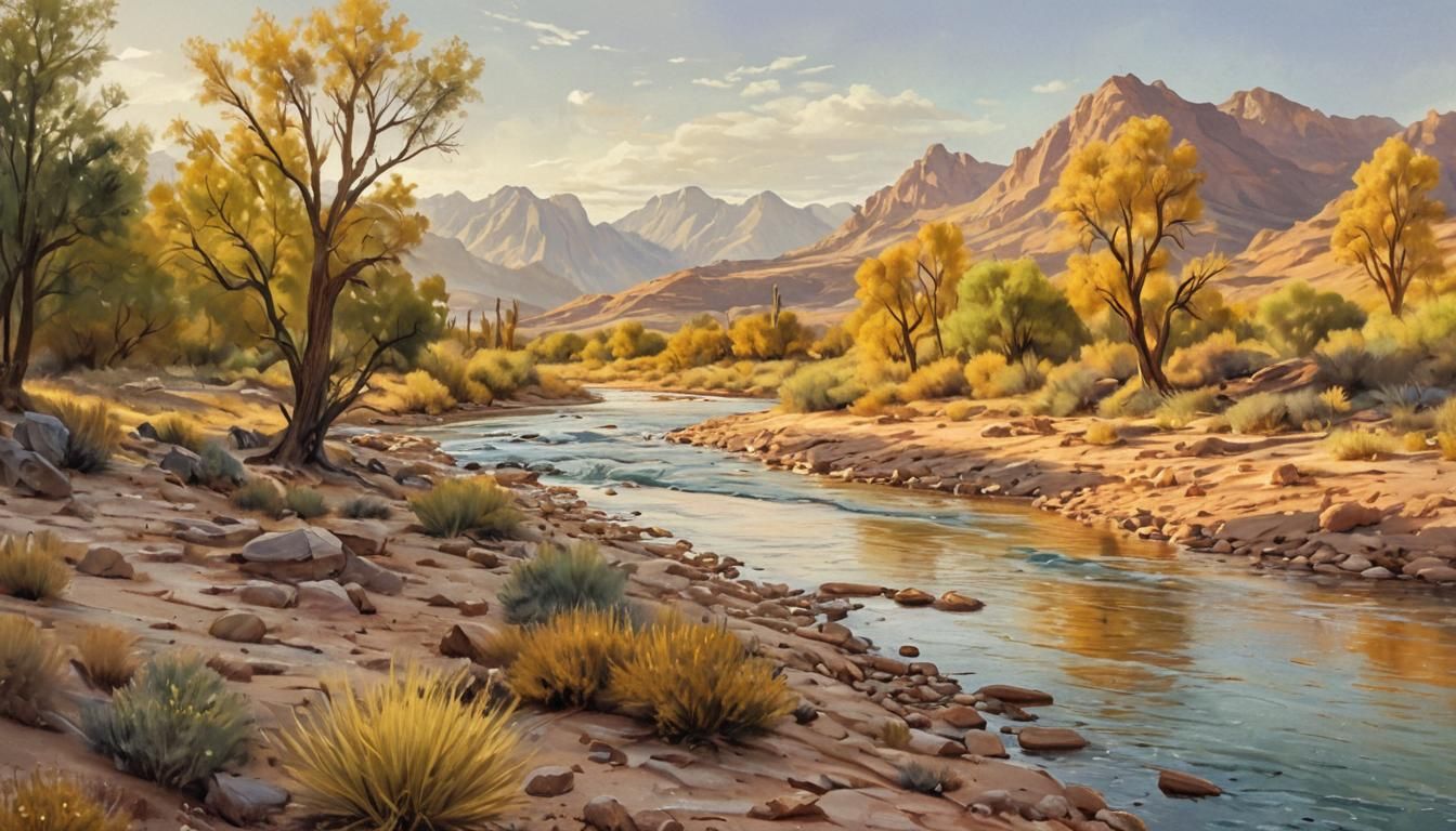 Arizona River Flowing Through Desert Landscape Watercolor
