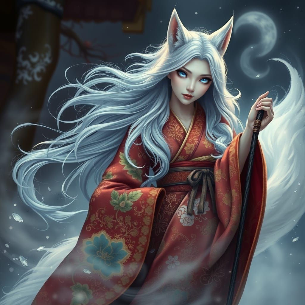 Kitsune Winter Witch with Kimono in Ethereal Style