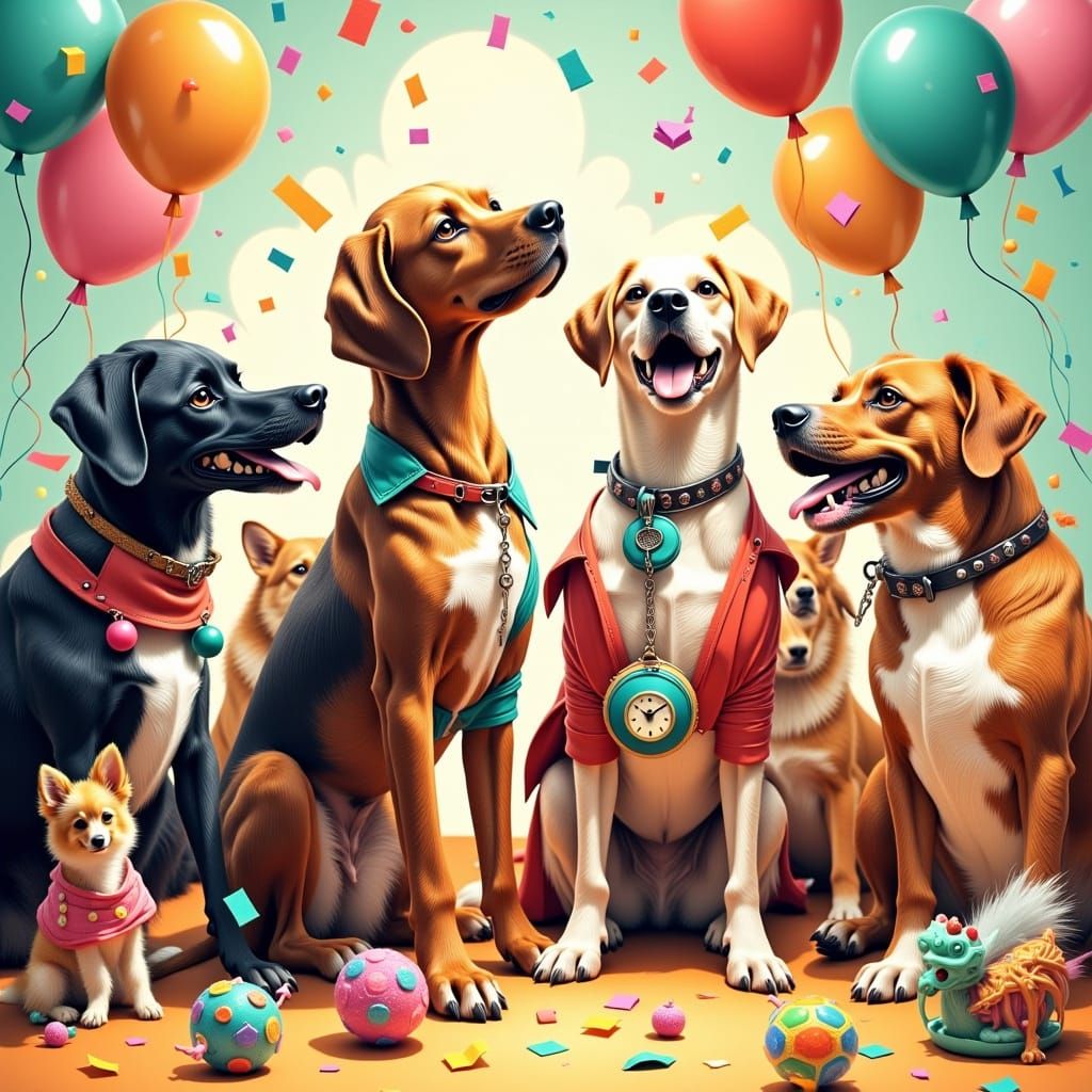 Canine Carnival in Vibrant Hyperreal Style