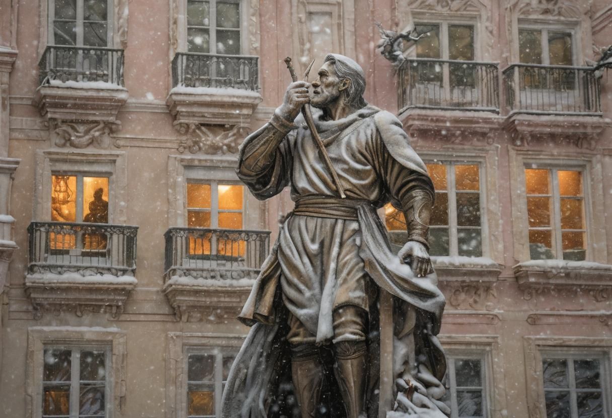 Bronze Knight Statue in Snowy Cityscape