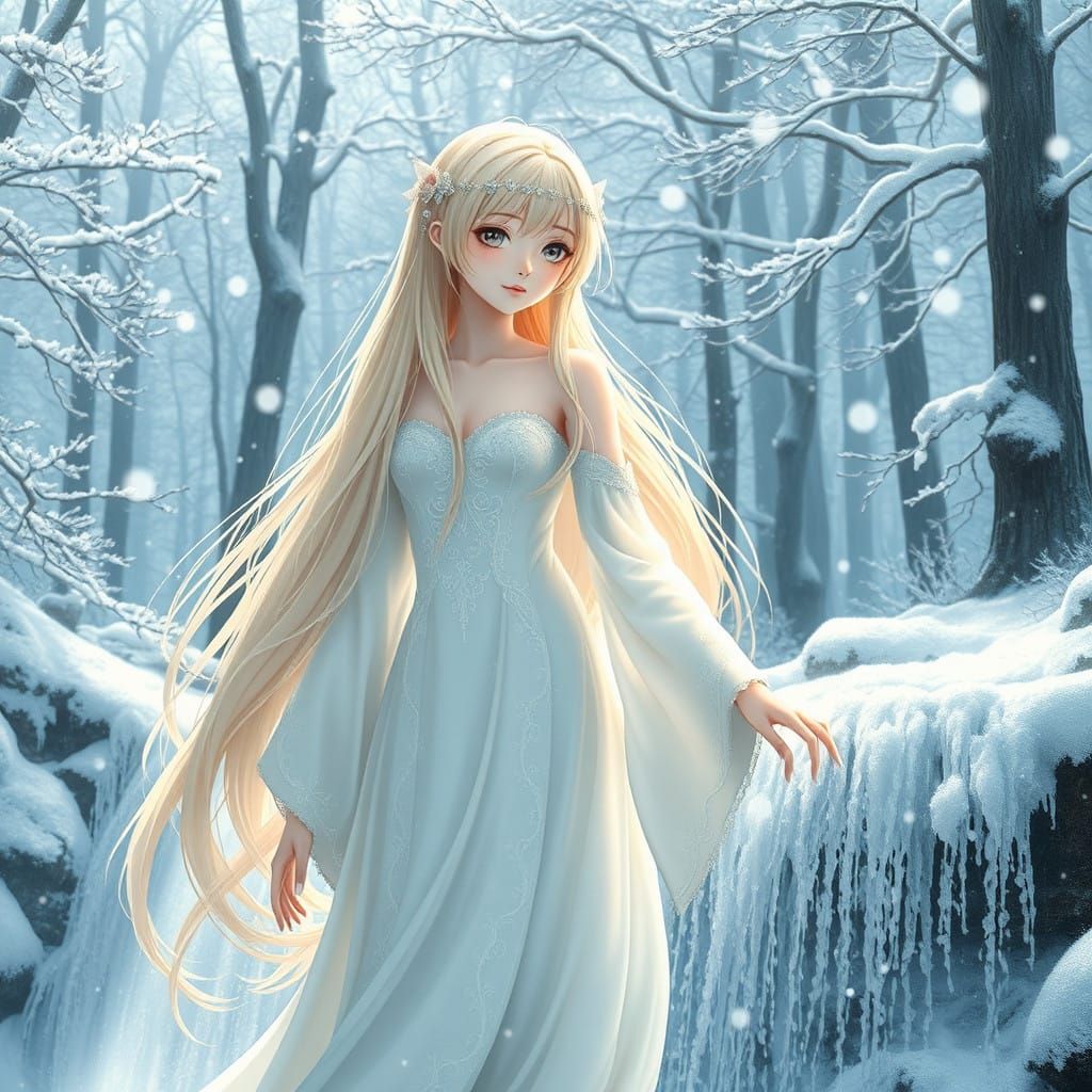 Winter Goddess in Japanese-Inspired Snowy Landscape