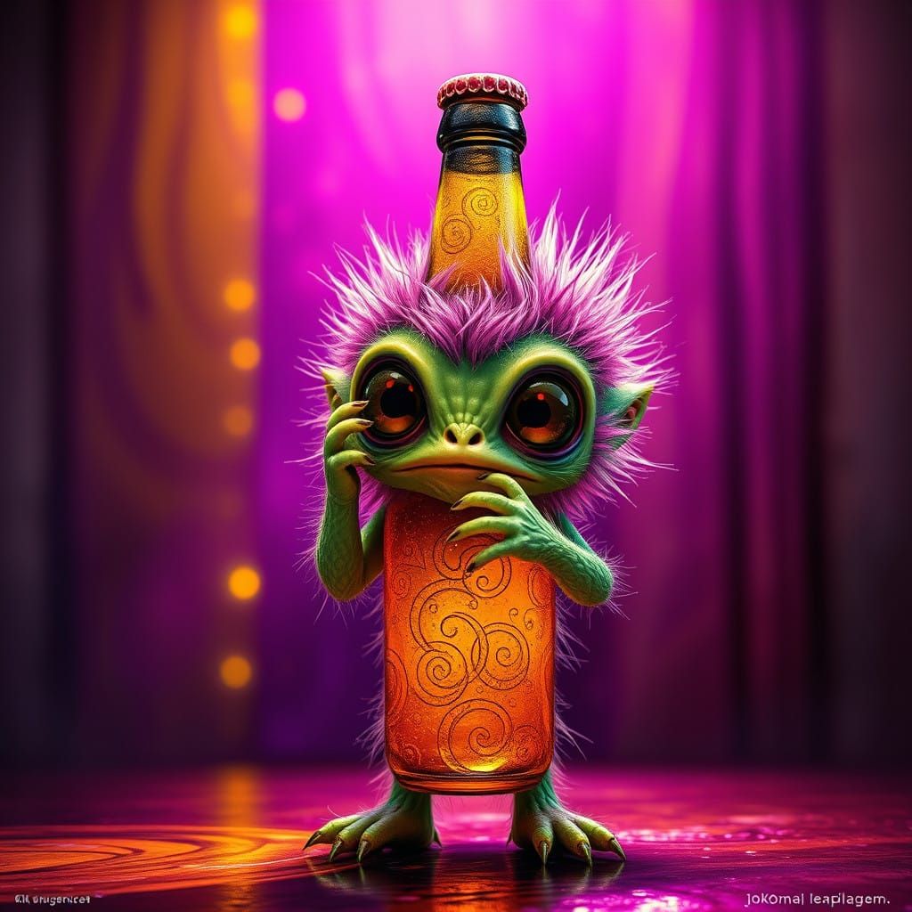 Sheepish Alien Struggles with Beer Bottle