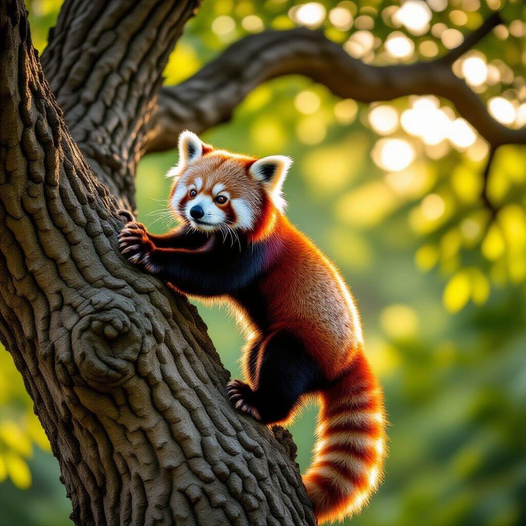 Hyperrealistic Red Panda Climbing Ancient Oak Tree