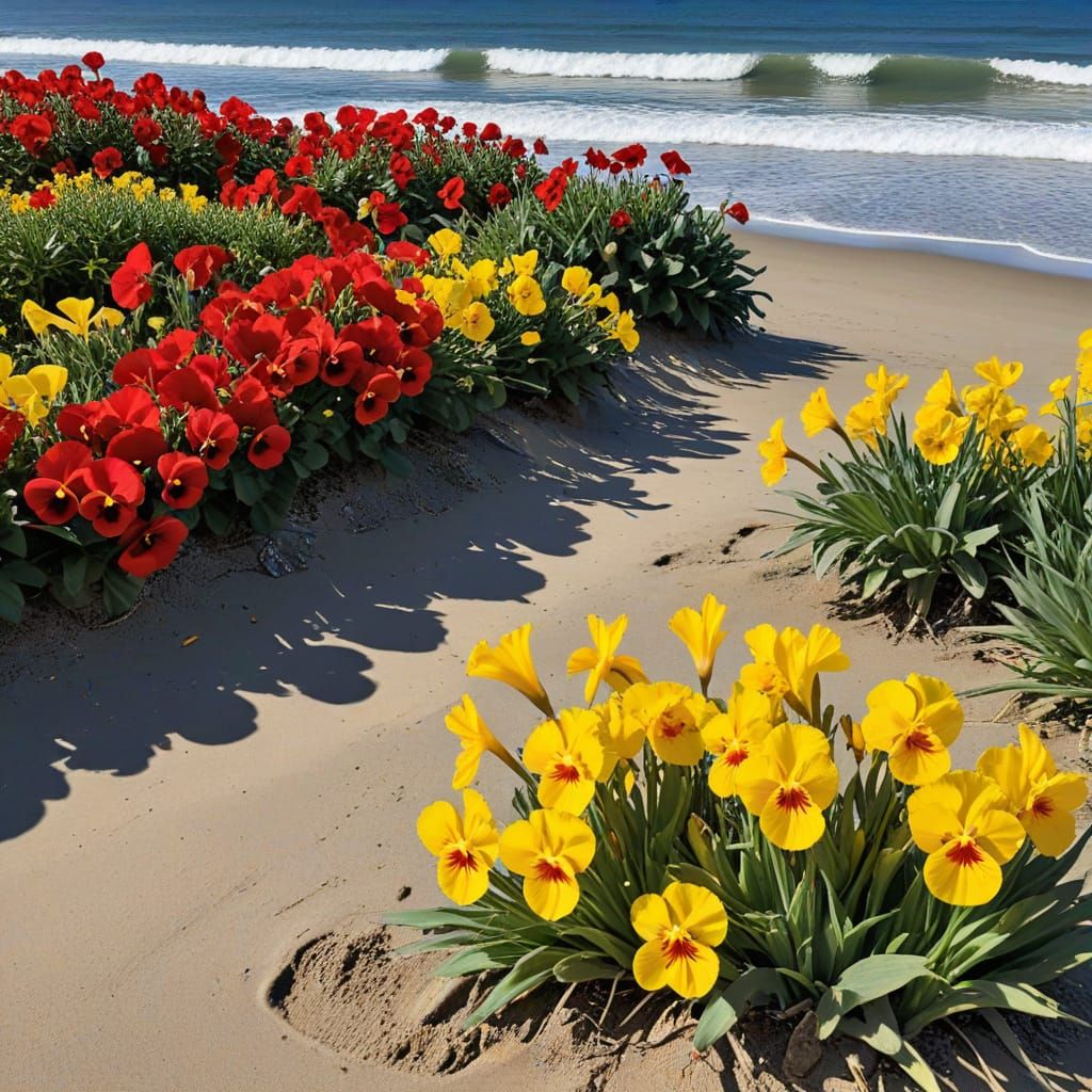 Beach Scene with Red Pansies and Yellow Irises