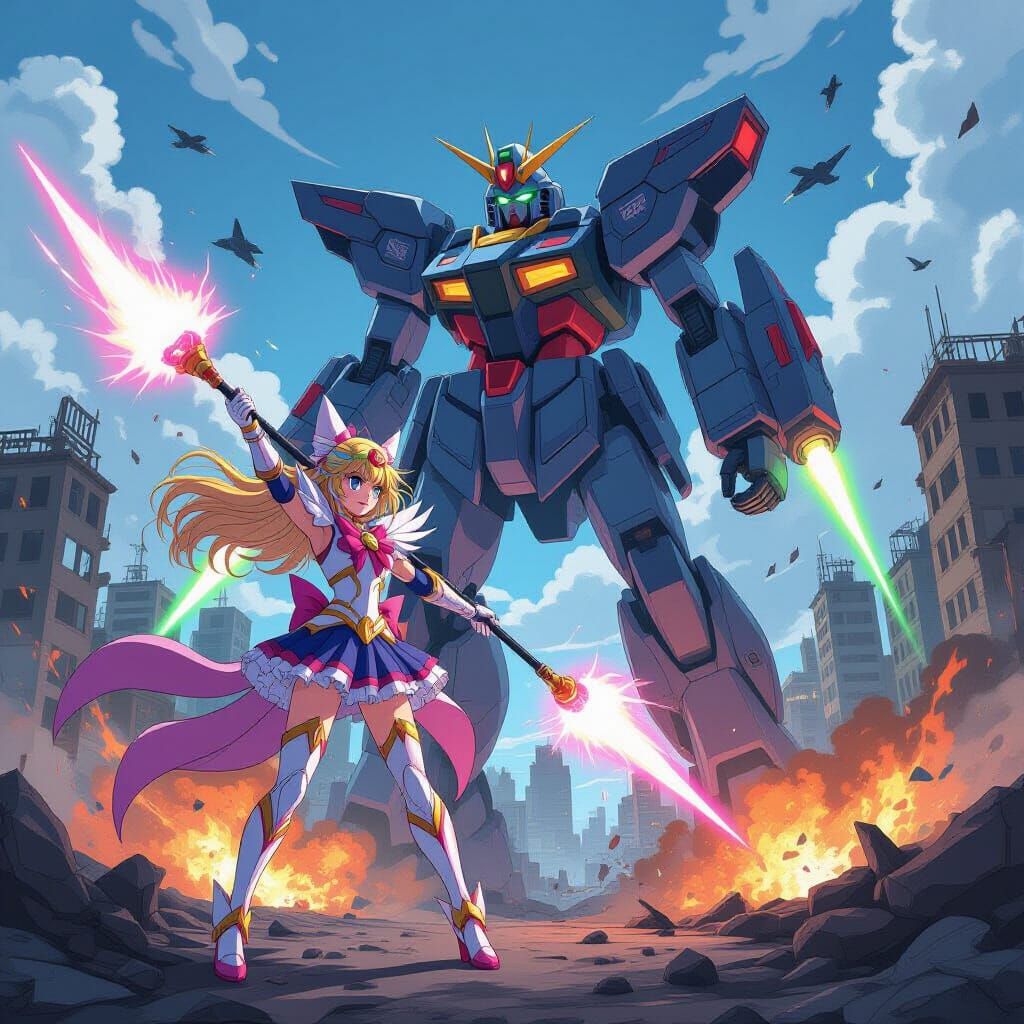 Magical Girl Battles Mecha in Ruined Cityscape