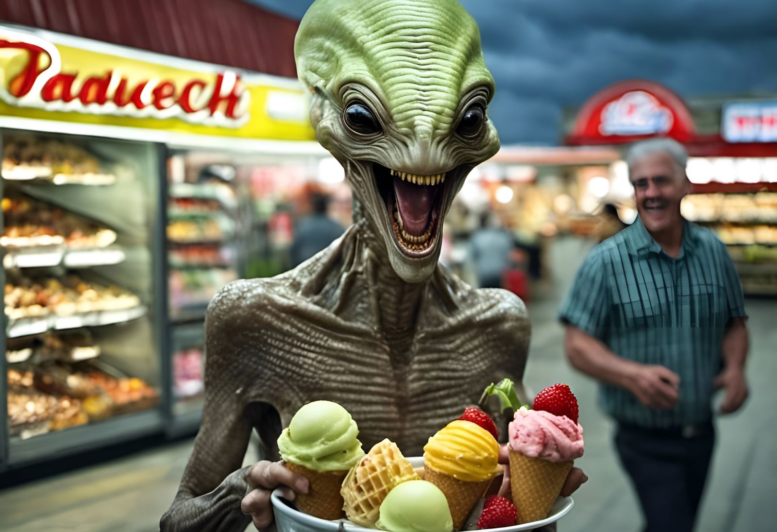 Aliens Shopping for Ice Cream: Photorealistic Digital Art