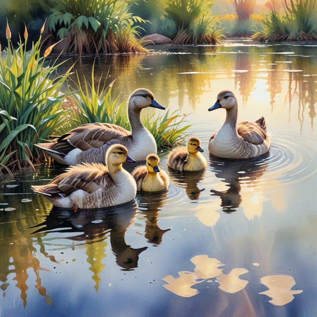 Whimsical Watercolor of Geese and Ducklings Playing