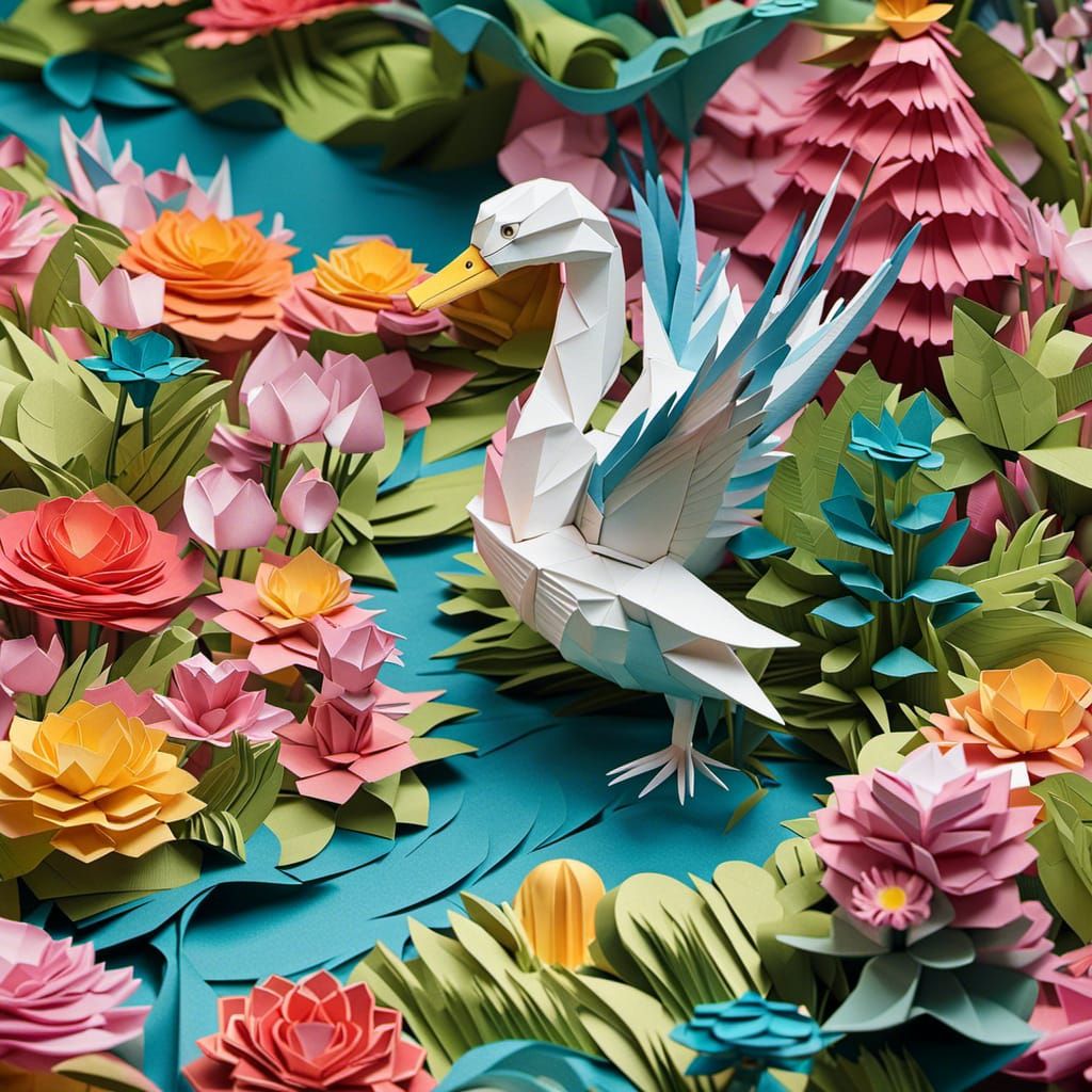 Detailed Origami Paper Sculpture of a Duck