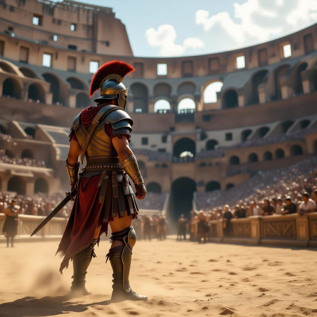 Colosseum Warrior in Hyperrealistic Roman Scene