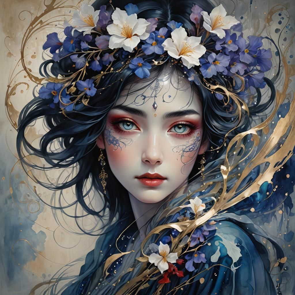 Ethereal Woman's Gaze: Luminescent Obsidian Eyes