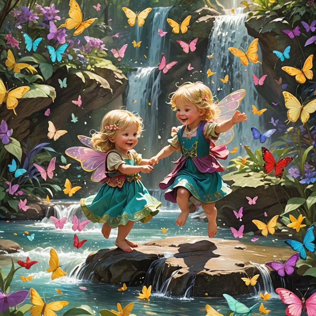 Toddler and Fairy Play by Waterfall in Fantasy Art