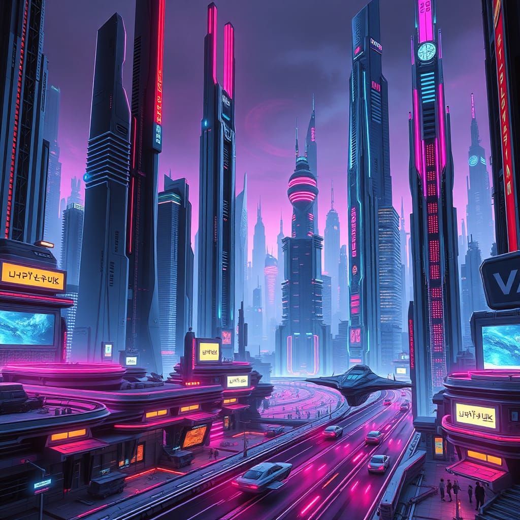 Futuristic Metropolis with Flying Cars in Cyberpunk Style