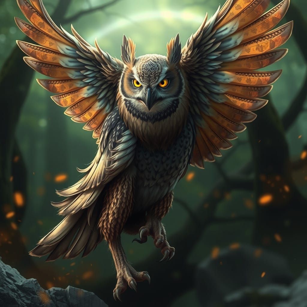 An owl and a wolf merged into one creature