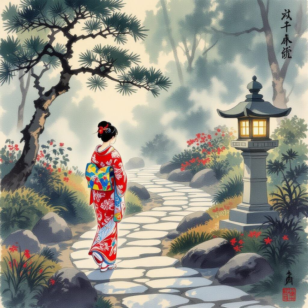 Japanese Garden with Kimono Woman in Ukiyo-e Style